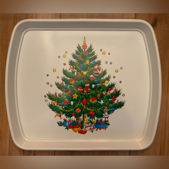 MCM Vintage Christmas Serving Trays Plastic Christmas Tree Poinsettia 12x10 - Picture 2 of 4